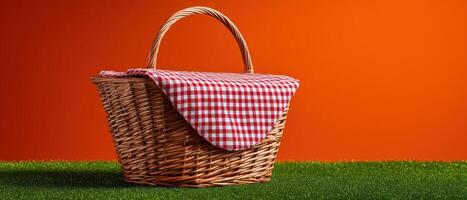 Classic red and white checkered picnic basket outdoor setting food photography bright environment close-up photo