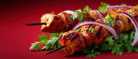 Delicious tandoori chicken skewers vibrant red background food photography culinary delight close-up view photo