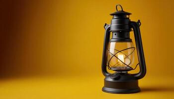 Vintage lantern casting warm glow studio setup photography cozy atmosphere side view aesthetic appeal photo