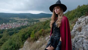 Stylish witch in unique costume on mountain overlooking village fantasy photography dramatic landscape photo