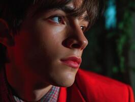 Emotional portrait of a young man urban setting close-up photography dramatic lighting artistic perspective photo