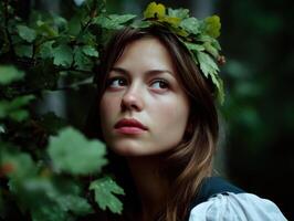 Enchanting nature portrait of a young woman in forest dreamy atmosphere artistic photography photo