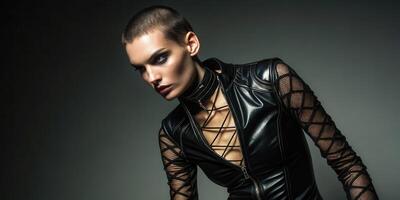 Striking fashion model showcasing vein-emphasizing leather outfit in dramatic studio environment photo