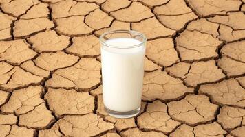 Glass of milk tipped over on dry cracked soil symbolizing nature's struggle for moisture in a parched environment photo
