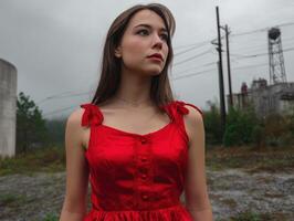 Mysterious woman in red dress urban ruins portrait photography gloomy atmosphere eye-level perspective artistic concept photo