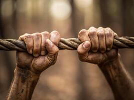 Hands tugging a tangled vine apart in a forest closeup capture natural environment dynamic tension photo
