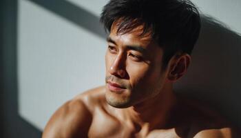 Asian man in sunlight portrait photography lifestyle setting warm environment expressive mood photo