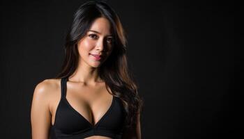Asian woman posing in black bra studio setting portrait photography low-key lighting photo