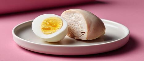 Minimalist boiled egg and chicken breast display modern kitchen food photography minimalist aesthetic photo