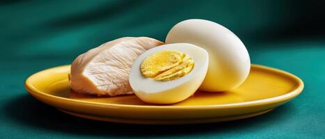 Tender boiled egg halves with chicken breast on yellow plate food styling minimalist kitchen close-up photo