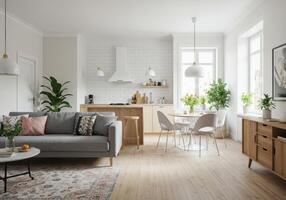 Bright open-concept living and kitchen space design with soft tones and natural light photo