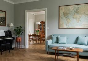 Serene vintage apartment interior featuring musical instruments and world map photo