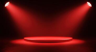 Illuminated red presentation stage with spotlight ready for product display photo