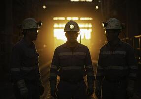 Dedicated miners standing illuminated by the backlighting inside dark tunnel photo
