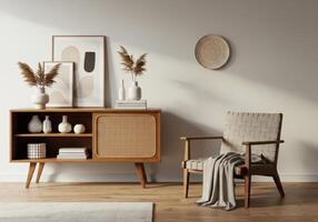 Serene interior rendering showcasing a modern console table and woven chair design photo