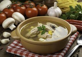 Rustic chicken soup with fresh vegetables presented on a wooden surface photo