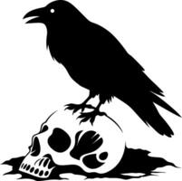 Silhouette of a Raven Perched Atop a Skull Black and White High Contrast Design vector
