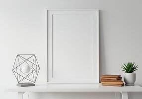 Minimalist white frame mockup with geometric lamp, books, and su photo