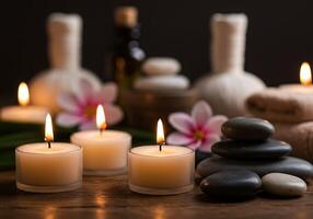Serene Spa Setting with Glowing Candles and Massage Stones photo