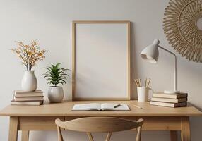 Minimalist Desk with Blank Frame, Open Book, and Natural Accents photo