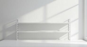 Minimalist White Room with Empty Shelves and Window Light photo
