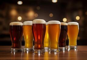 Assorted Beers on Dark Wood Bar with Bokeh Background photo