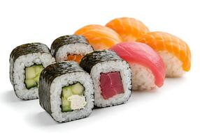 Close-up of Assorted Sushi Rolls with Salmon, Tuna, and Cucumber photo