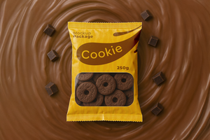 chocolate cookie packet mockup with liquid chocolate on the bottom psd