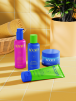 Set of vibrant cosmetic containers including bottles and tubes placed on tiled counter with soft towel and plant decor psd