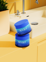 Stack of round cosmetic cream jars mockup on bathroom counter with sink faucet psd