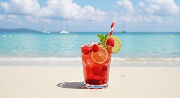 A drink with a straw and a slice of lemon on a beach photo