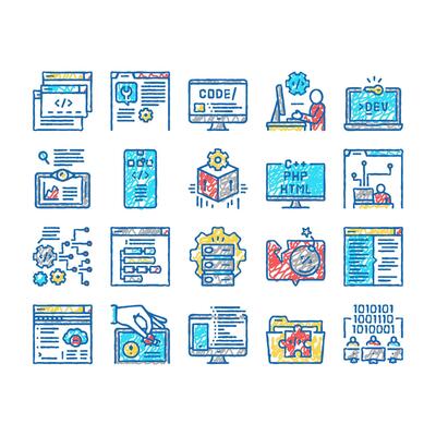 Dev Code Occupation set Icons hand drawn