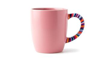 A pink mug with colorful stripes on the handle photo