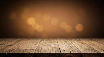 Wooden table with bokeh lights background photo