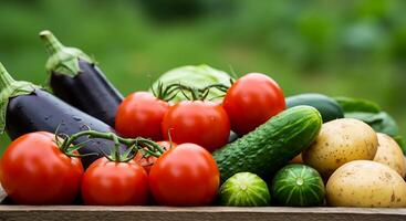 A wooden crate filled with vegetables photo