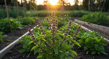 A plant in a garden with the sun setting behind it photo