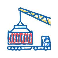 crane loading container on truck in port icon doodle illustration vector