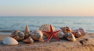 Sea shells and starfish on a wooden log photo