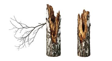 Two trees with broken branches and a tree stump photo