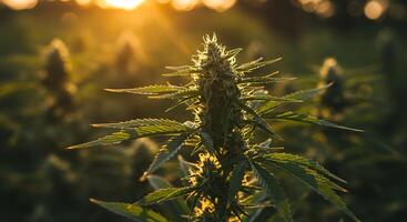 Marijuana plant in the sun with the sun behind it photo