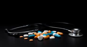 A stethoscope and a pile of pills on a black surface photo