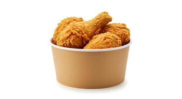 A bucket of fried chicken sitting in a white container photo