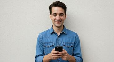 A man is smiling while holding a cell phone photo