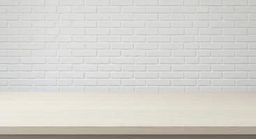 Table top in front of white brick wall photo