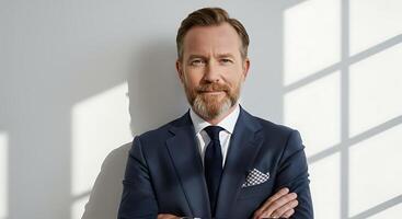 A man with a beard and a suit is standing in front of a window photo