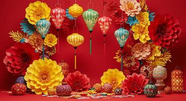 Chinese new year decorations on red background photo