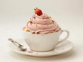 Strawberry Ice Cream in Cup with Colorful Sprinkles Isolated on White photo