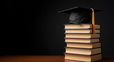 Stack of Textbooks Topped With Graduation Cap photo