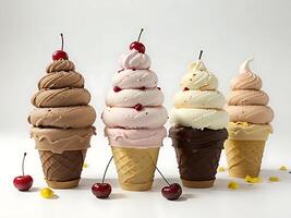 Colorful Triple Scoop Ice Cream Cone with Cherry on Top photo