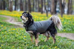 The dog is walking. A happy dog is happily walking in a spring park, enjoying the first warmth and fresh air. photo